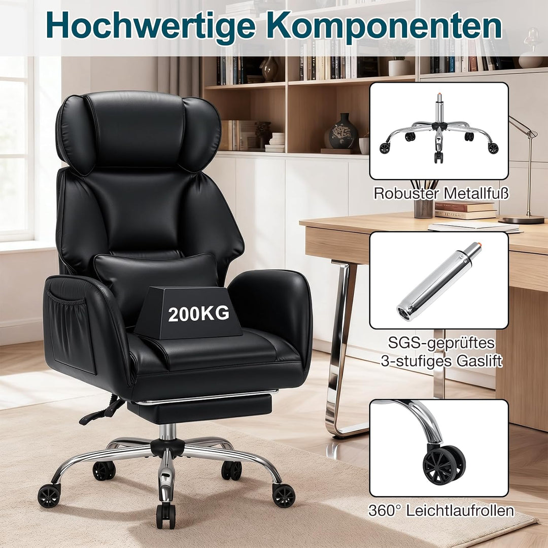 HOFFREE Schneidersitz Bürostuhl Ergonomischer Leder Chefsessel mit Fussstütze und Verstellbaren Arml