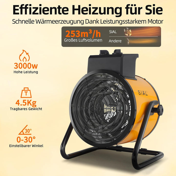 SIAL Industriell Heizlüfter 3000W - Elektrische Heizung - Heizstrahler Bauheizer - Heizgebläse Für G