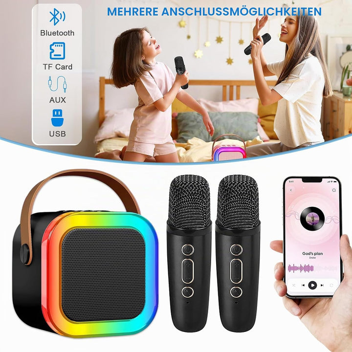 Mini Karaoke Maschine mit 2 Drahtlosen Mikrofonen, Karaoke Maschine Kinder, tragbarer Bluetooth-Laut