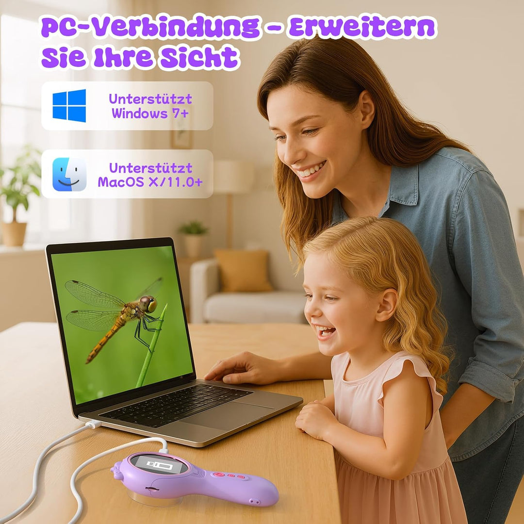 Einhorn Handy Digitales Mikroskop für Kinder, Tragbares Taschenmikroskop mit Licht 2,0" IPS-Bildschi