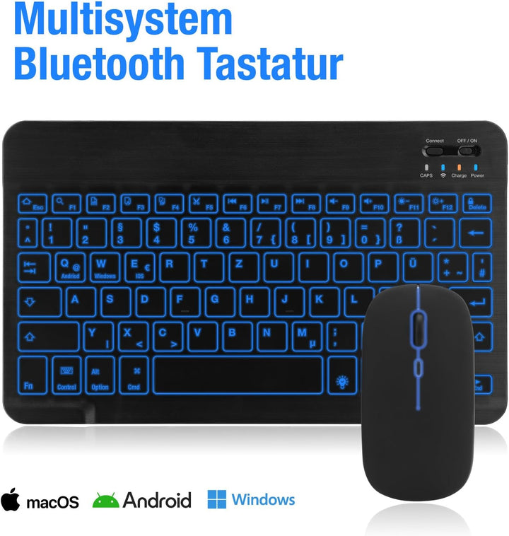 MAYPHY Kabellose Mini-Tastatur-Maus-Kombination, tragbare Tastatur mit 7-Farbiger Hintergrundbeleuch