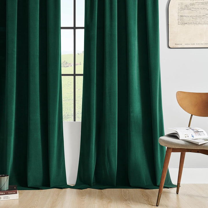 Joydeco Grüne Samtvorhänge, 243.8 cm Länge, 2 Paneele, Burg-Set, luxuriöse Stangentasche, wärmeisoli