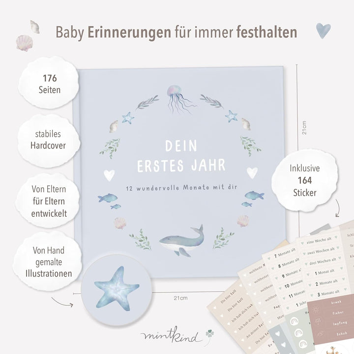 mintkind® Babyalbum "Mein erstes Lebensjahr" Wal + Sticker Set I Baby Fotoalbum zum Selbstgestalten