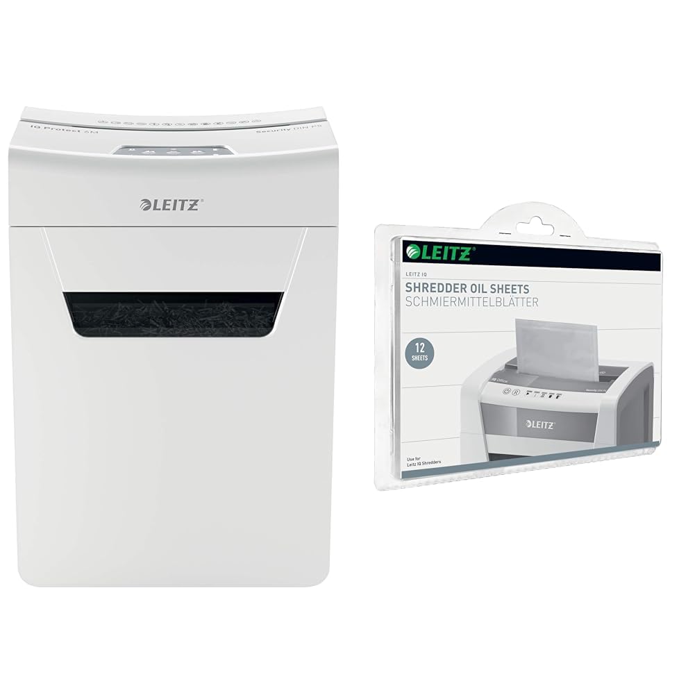 Leitz IQ 6M Premium Aktenvernichter P5 fürs Büro und Zuhause & IQ Ölblätter, Packung mit 12 Stück, f
