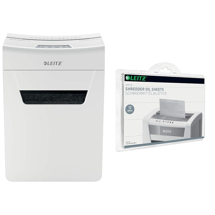 Leitz IQ 6M Premium Aktenvernichter P5 fürs Büro und Zuhause & IQ Ölblätter, Packung mit 12 Stück, f