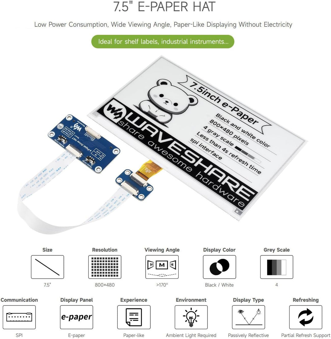 Waveshare 7.5 Inch E-Paper Display Hat Module V2 Kit 800x480 Resolution 3.3v/5v E-Ink Electronic Scr