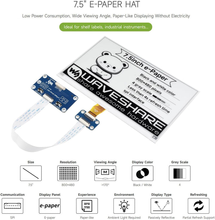 Waveshare 7.5 Inch E-Paper Display Hat Module V2 Kit 800x480 Resolution 3.3v/5v E-Ink Electronic Scr