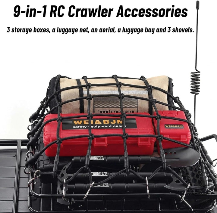 RC Crawler Zubehör, 1/10 Truck Dachträger Rc Zubehör Set 9 in 1 Tankaufbewahrungsbox, Gepäcknetz, Sc