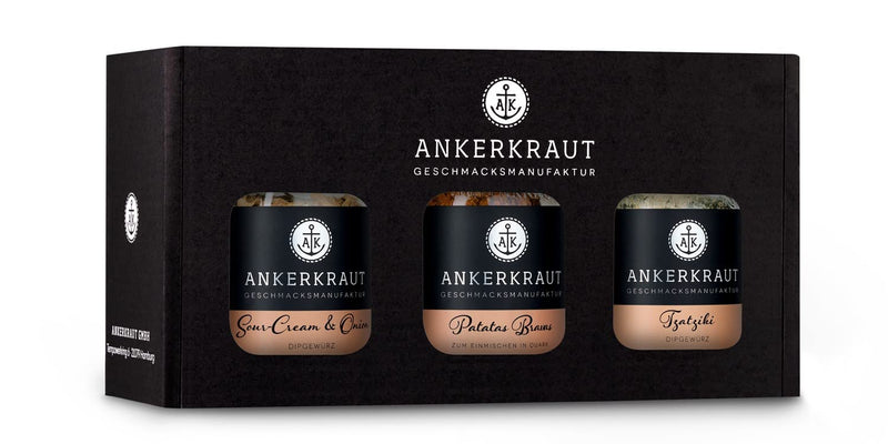 Ankerkraut Geschenkset Dips, Geschenk-Box mit 3 Gewürzen für Dips im Korkenglas, Tzatziki, Patatas B