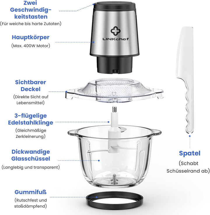LINKChef Zerkleinerer Elektrisch 1,5L Glasbehälter, 2 Stufen, 3 Edelstahlklingen – Universalzerklein