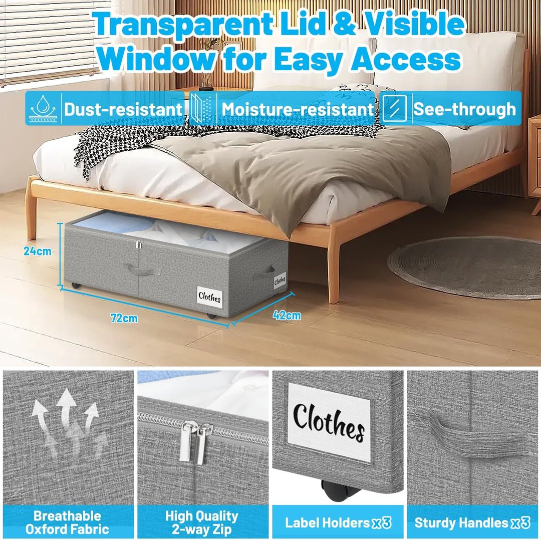Kukikan Unterbettkommode auf Rollen, 2er Pack 24 cm XXL 60L Rollunterbett Aufbewahrungstasche mit Re