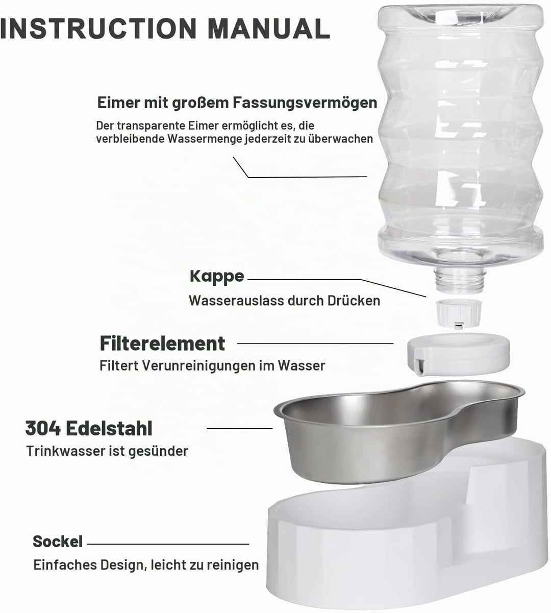 Sfozstra Wasserspender für Hunde aus Edelstahl, 6 l, Weiss, gross, BPA-frei, automatischer Schwerkra