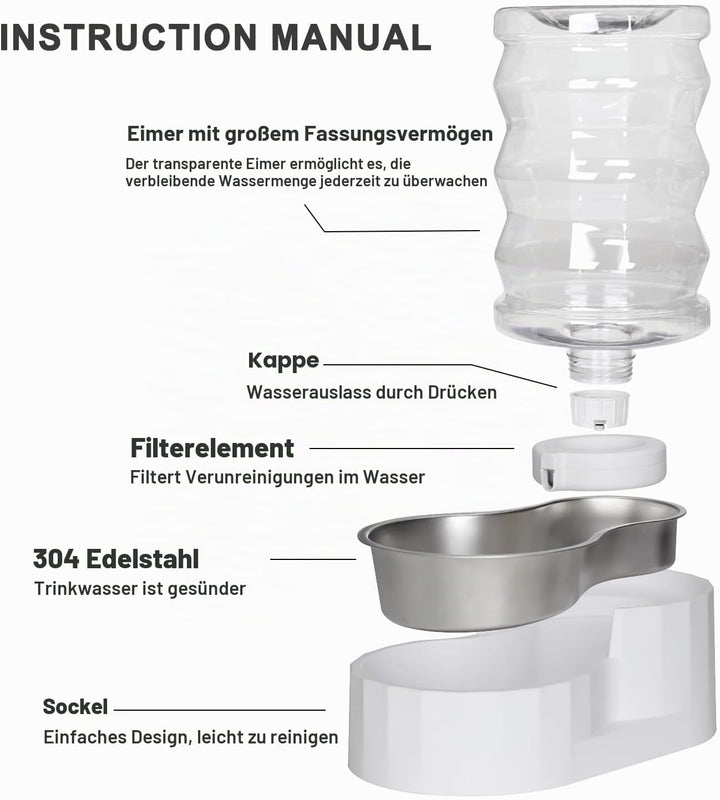 Sfozstra Wasserspender für Hunde aus Edelstahl, 6 l, Weiss, gross, BPA-frei, automatischer Schwerkra