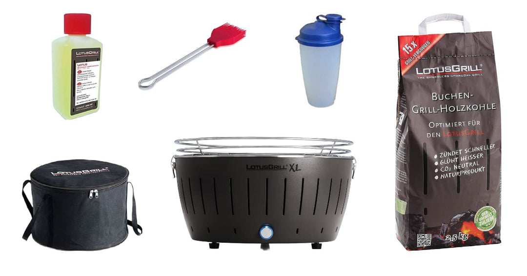 LotusGrill XL Starter-Set 1x XL Grill Anthrazitgrau mit USB-Anschluss, 1x Buchenholzkohle 2,5 kg, 1x