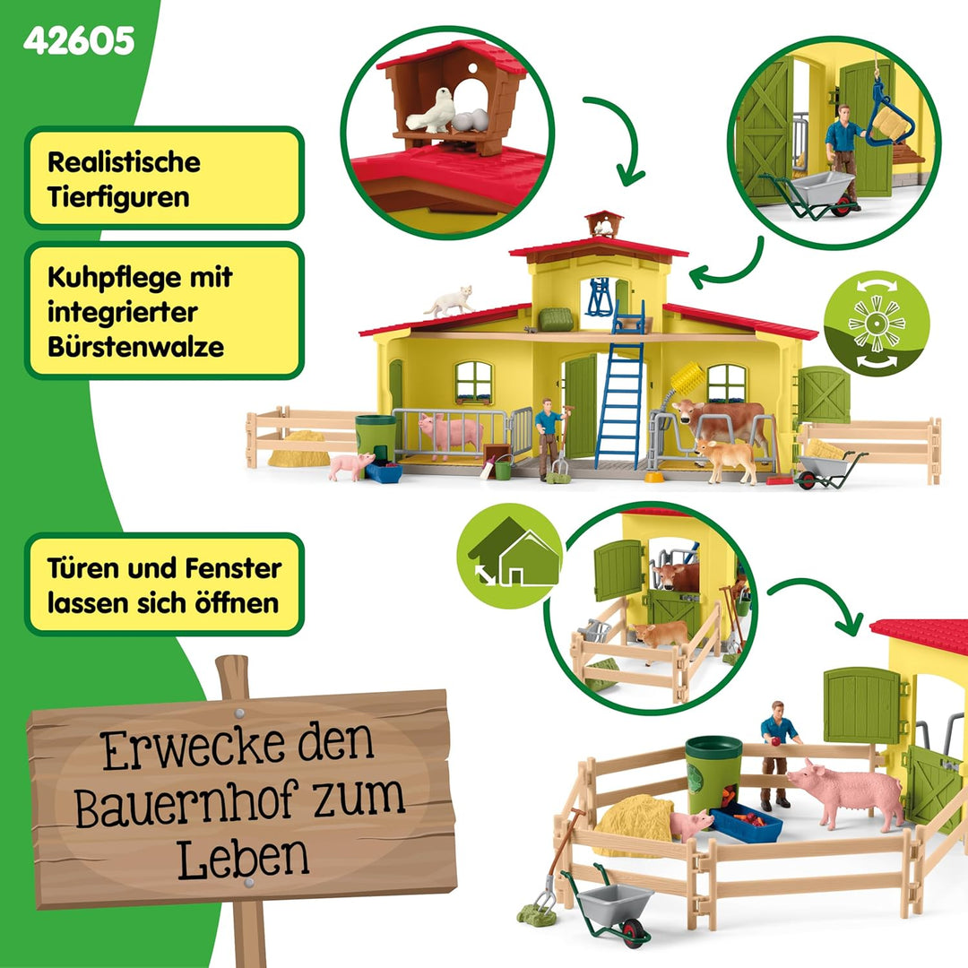 SCHLEICH Farm World | Grosse Farm mit Bauernhaus 42605 | Set inkl. Haus, Bauer, Kuh, Schwein, Katze,