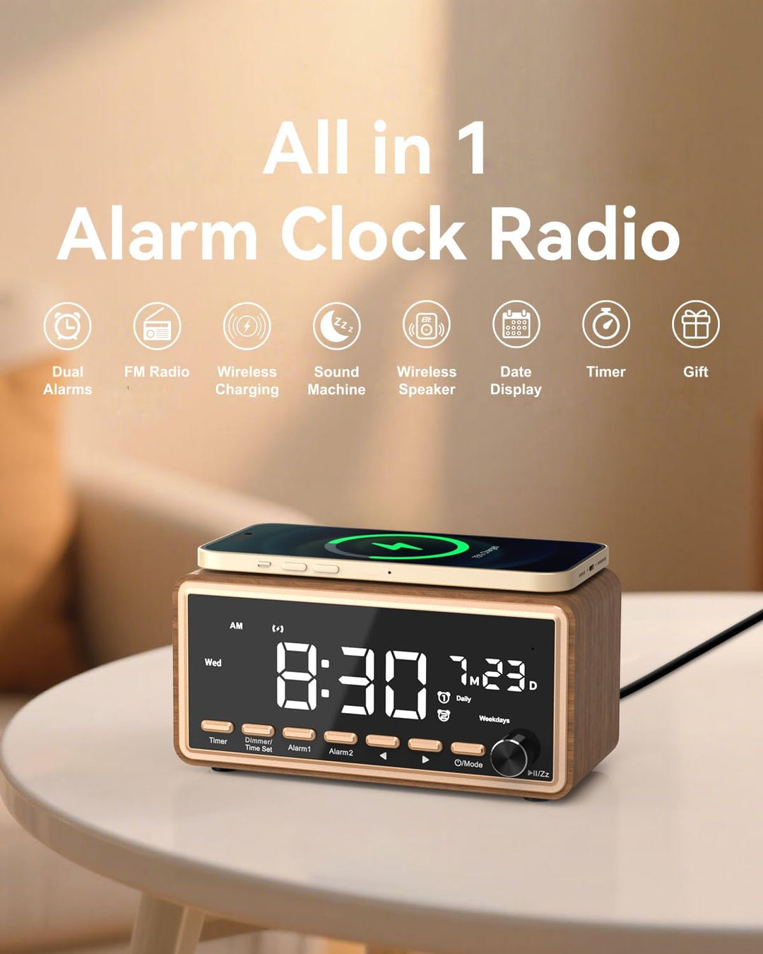 Wecker Digital mit FM-Radio, Dual-Alarm, Bluetooth Lautsprecher, White Noise Machine, Wireless Charg
