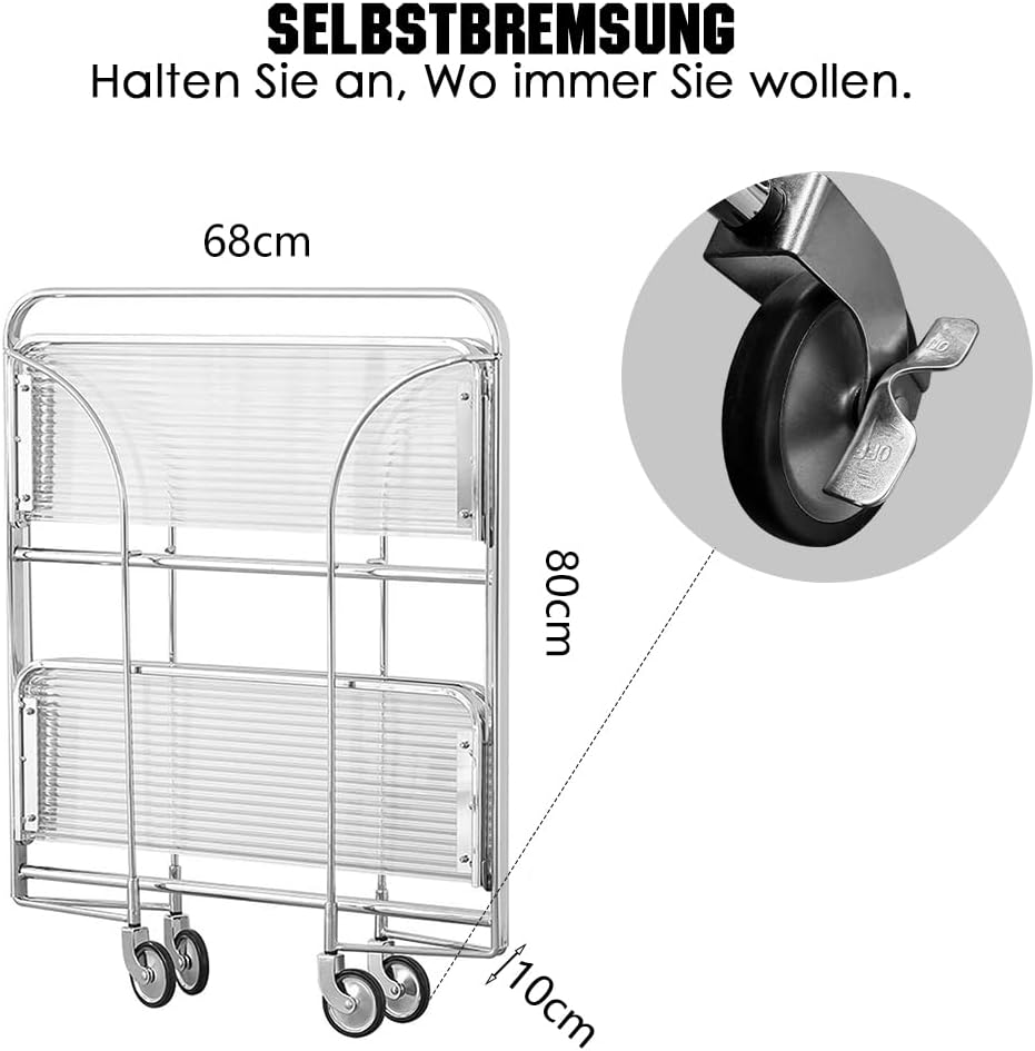 Mobile Storage Folding Trolley, Servierwagen, Dinett Ablagekorb 2 Tier Clear gehärtetes Glas with Wh