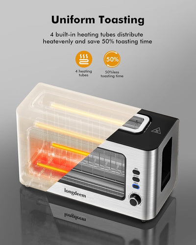 LONGDEEM 2 Slice Toaster 1.75" Extra Wide Slots, See-Through Window 6-Shade Settings & Reheat/Defros