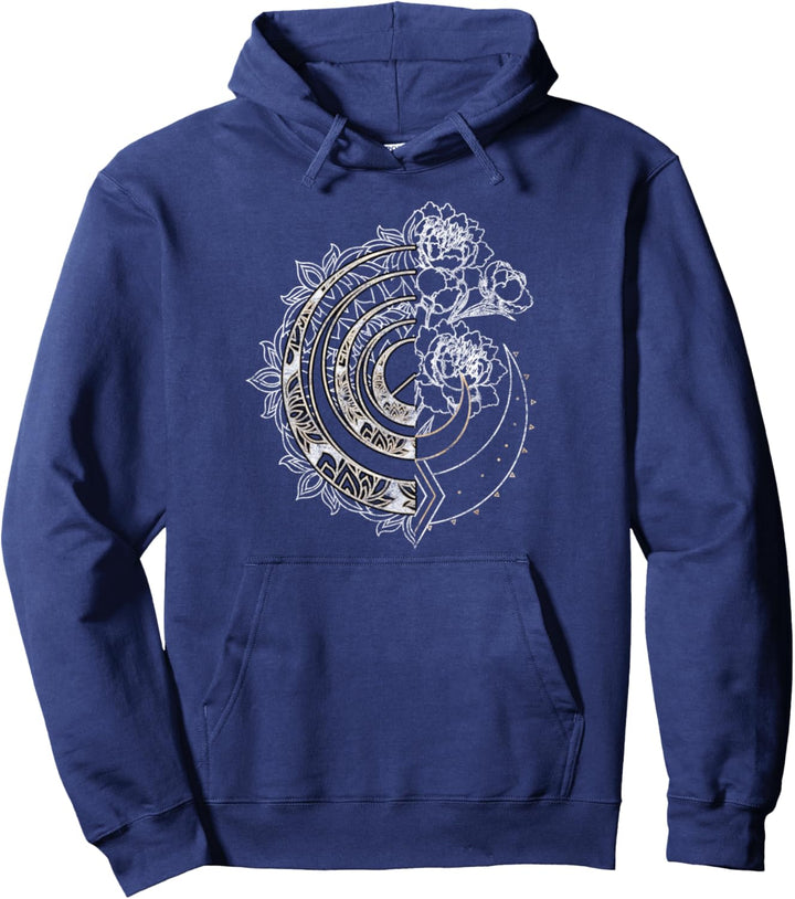 Celestial Floral Crescent Moon Gold Foil Texture Pullover Hoodie