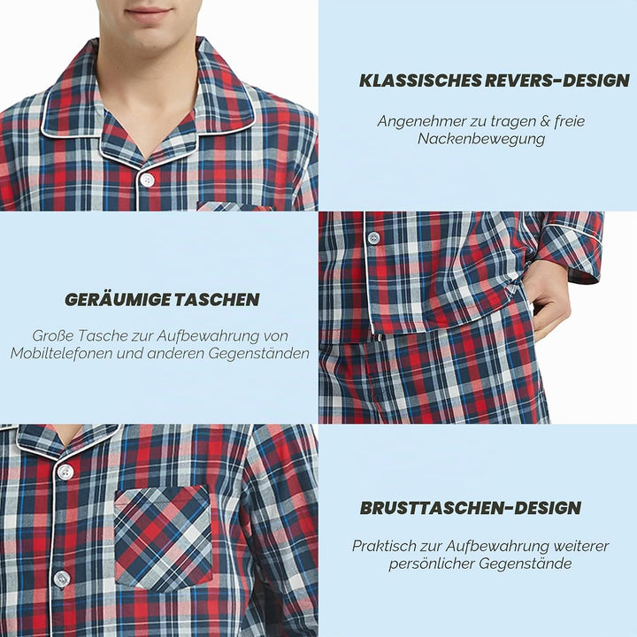Vulcanodon Pyjama Herren 100% Baumwolle Schlafanzug lang Set kariert mit Knopfleiste weiche Nachtwäs