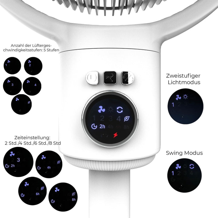 İnca IAF-01B Standventilator, 9000 mAh Akku, LED-Bedienfeld, leiser BLDC Motor, 5 Stufen, Oszillatio