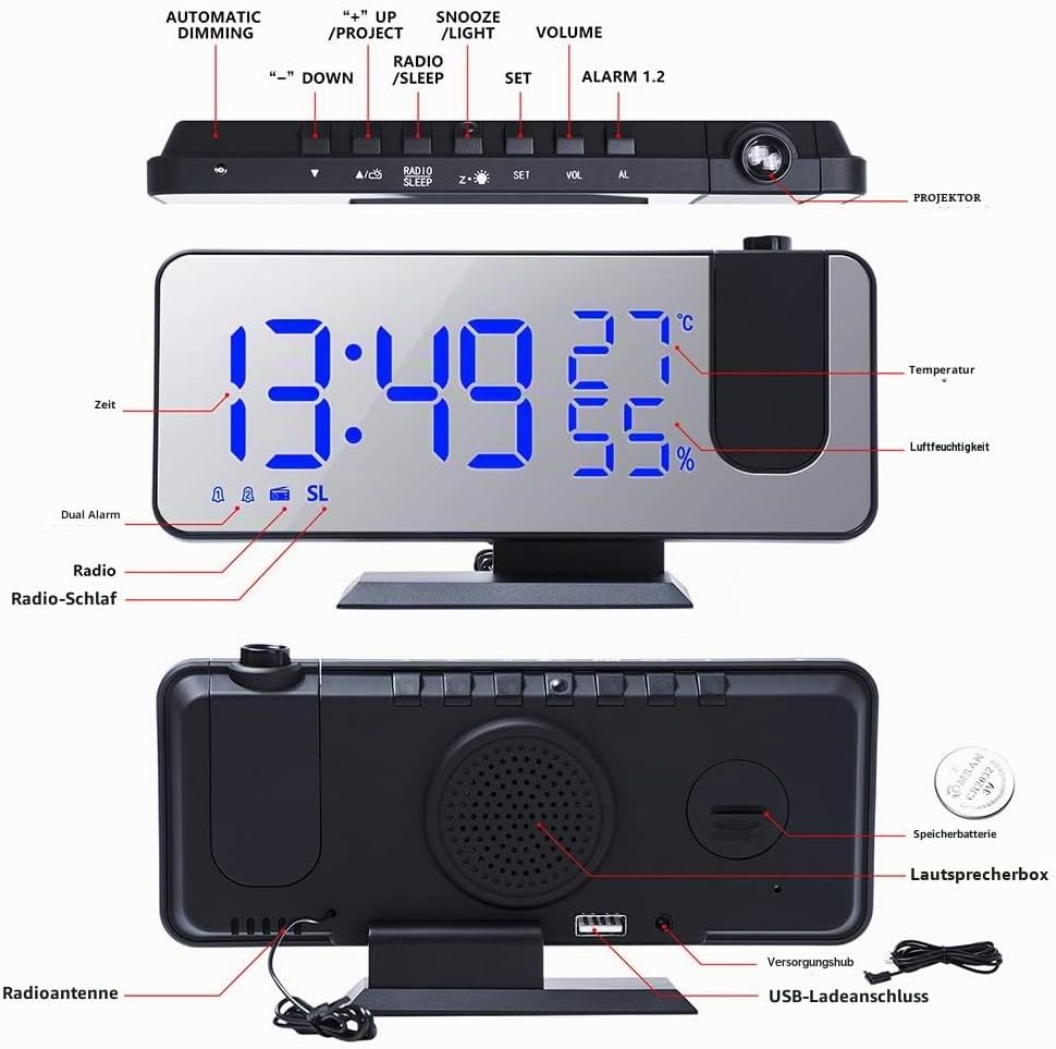 YUNYODA Projektionswecker, digitaler LED-Wecker mit Spiegeloberfläche, USB-Ladeanschluss, Schlummerf