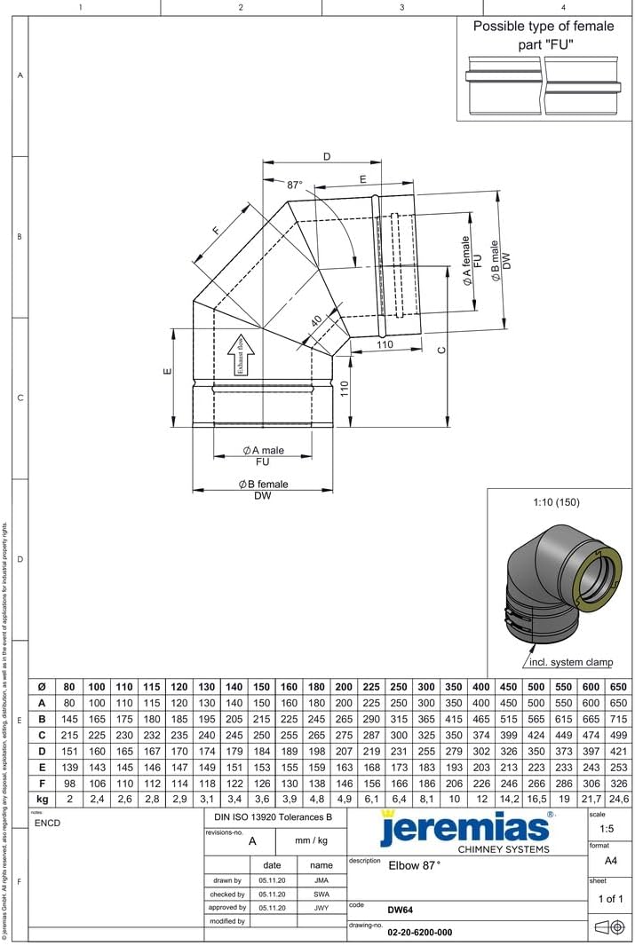 Jeremias DW-FU Doppelwand Edelstahl Abgassystem Winkel 87 Grad Innendurchmesser 225 mm CE-zertifizie