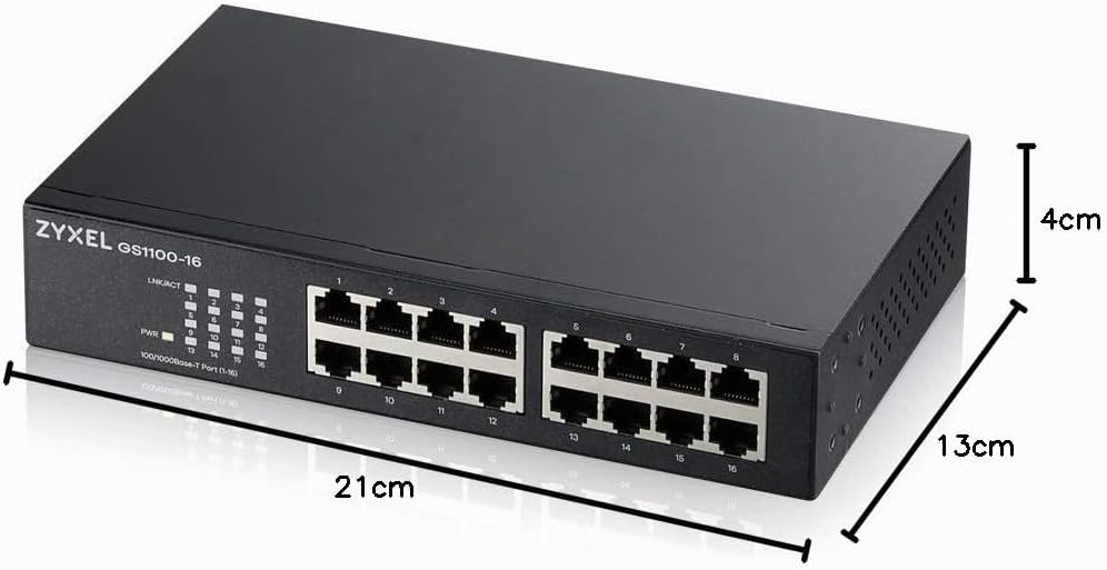 Zyxel 16-Port Gigabit Ethernet Unmanaged Switch - Design ohne Lüfter [GS1100-16v3] Single, Single