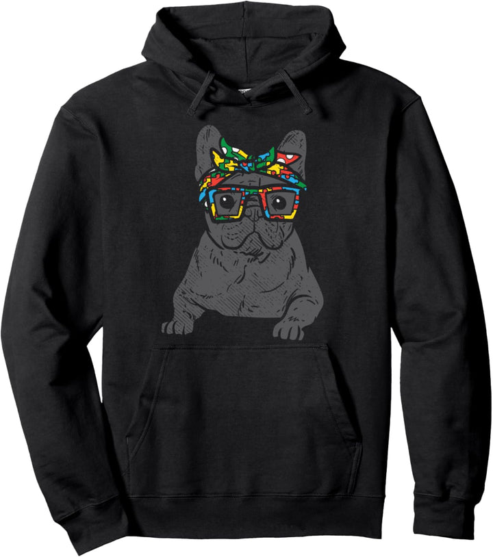 Pug Puzzle Bandana Glasses Autism Awareness Dog Lover Owner Pullover Hoodie