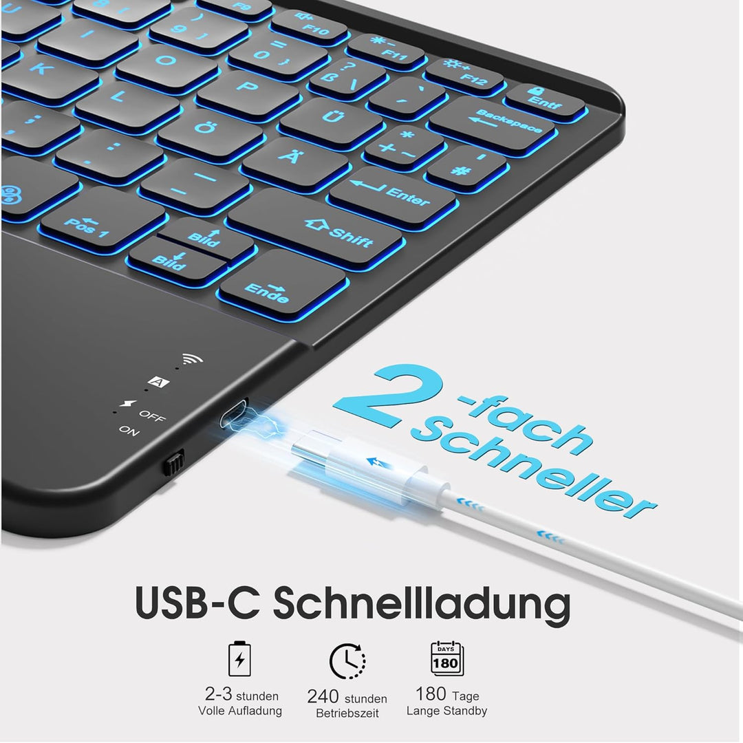 Vobafe Bluetooth Tastatur mit Touchpad, Kabellose 7-farbiges Backlight QWERTZ Tablet Keyboard, Trale