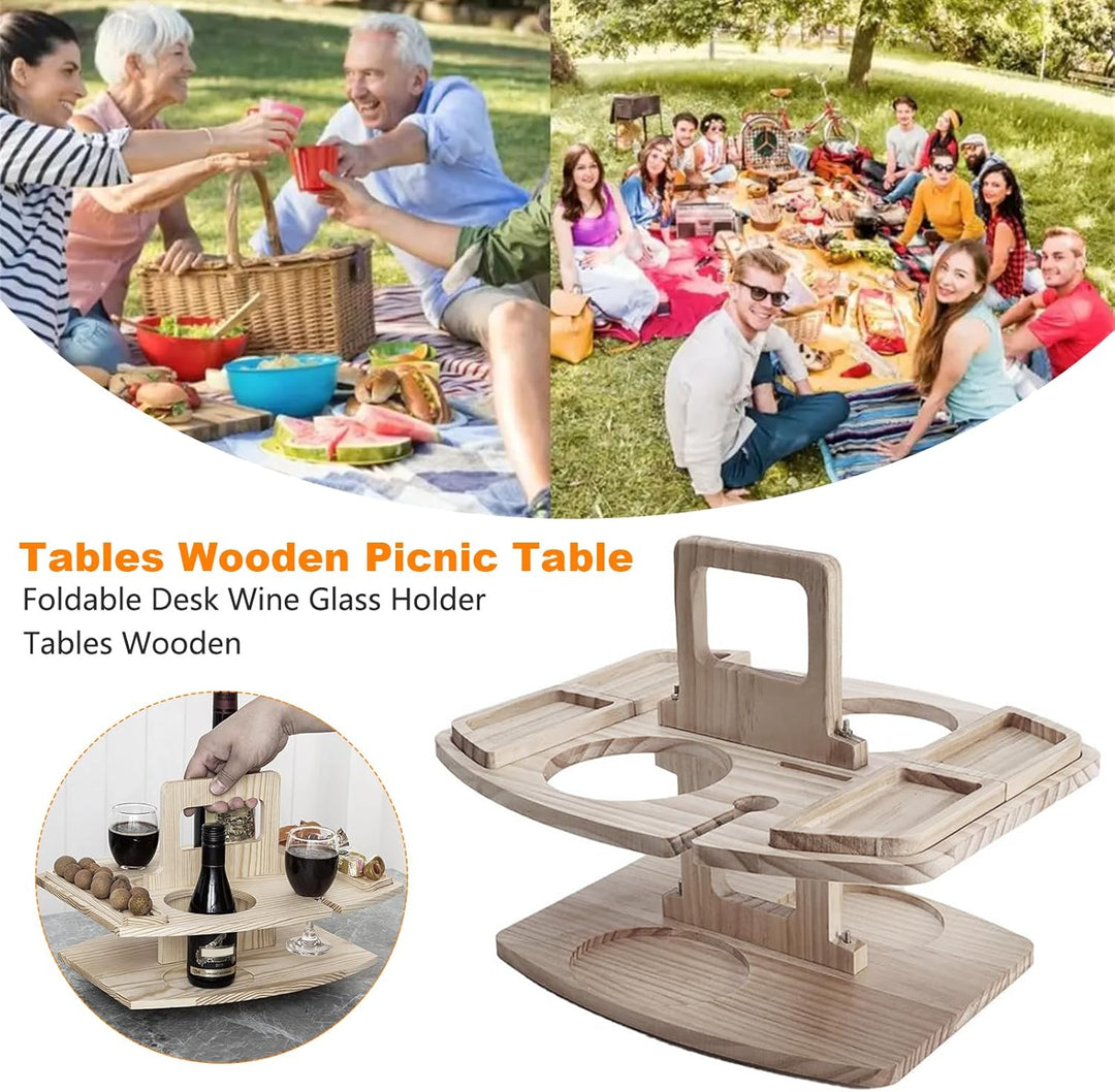Picknick Weintisch, Klappbarer Picknicktisch mit Rotweinglashalter, Hölzerner Mini Snack Tablett, Tr