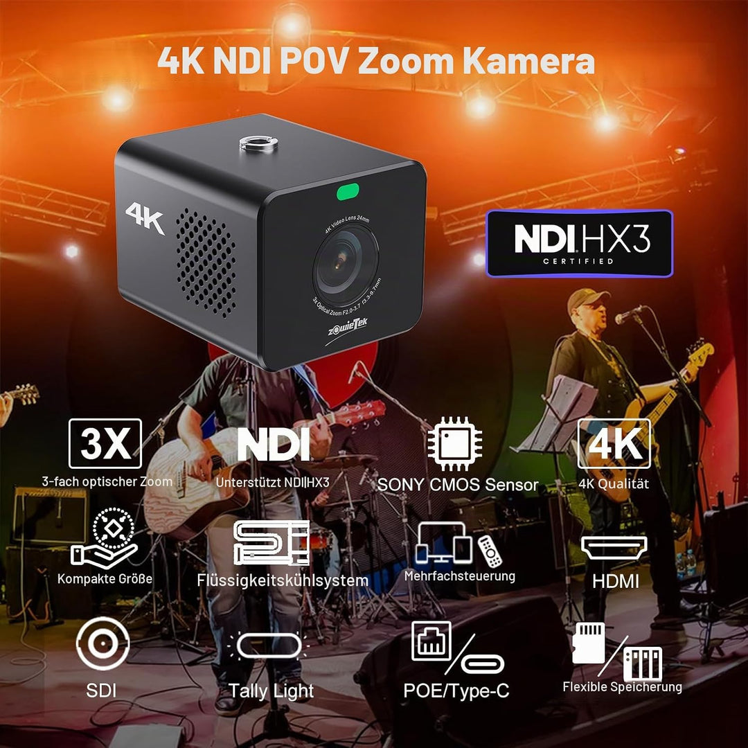 4K-POV-Kamera NDI|HX3, ZowieCam, Autofokus, HDMI- und SDI-Ausgang, 3-Fach optischer Zoom, Flexible S