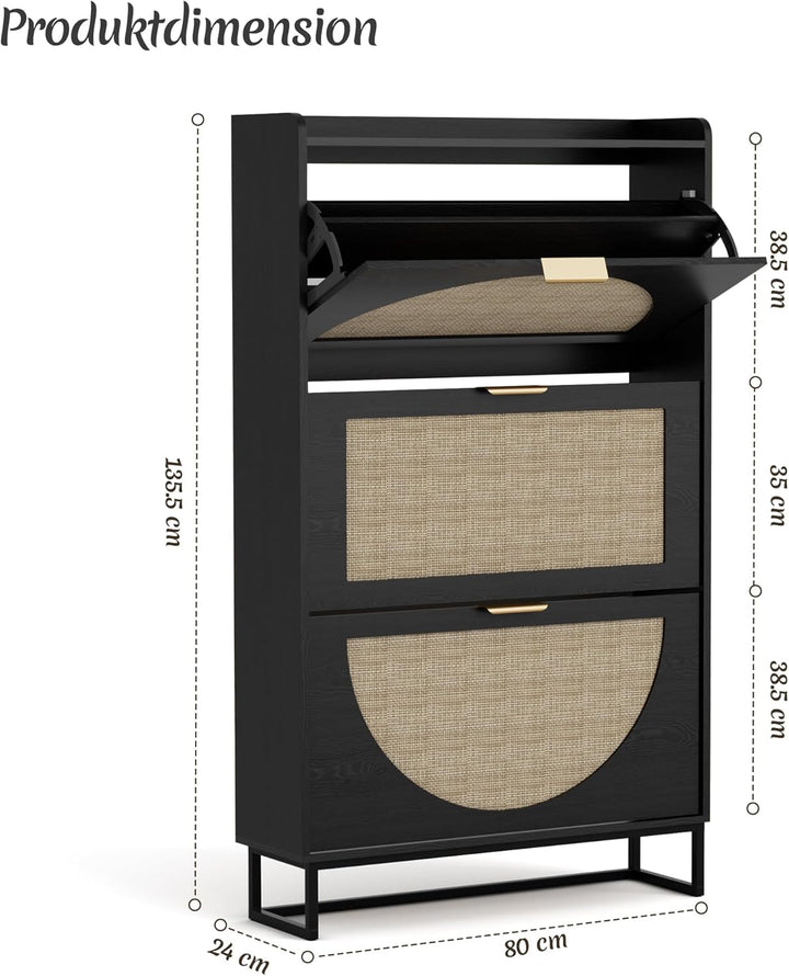BonVache Schuhkommode mit 3 Klappfächern, Grosser Rattan Schuhschrank Schmal Holz, Schuhaufbewahrung