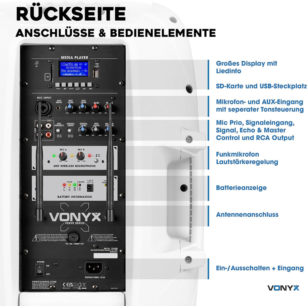 Vonyx Verve46 - Partybox Bluetooth Lautsprecher Gross, 15 Zoll, 1000 Watt, Mobile Akku PA Anlage, Ka