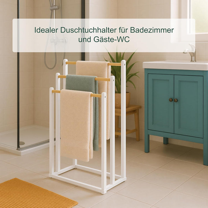 Relaxdays Handtuchständer, HxBxT: 76 x 45 x 21,5 cm, Metall, Bambus, 3 Stangen, Handtuchhalter stehe