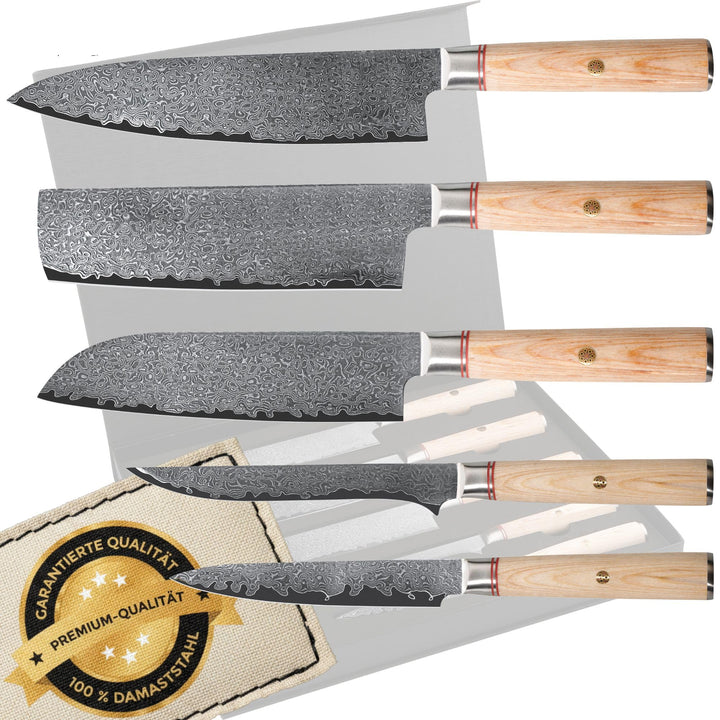 Damastmesser set. Japanisches messer set perfekt für präzisionsschnitte. Damast küchenmesser mit San
