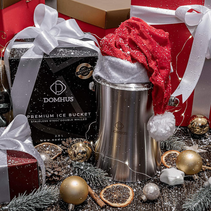 DOMHUS® 2,0L Premium Eiswürfelbehälter mit Deckel und Zange | Edelstahl Sektkühler Eiseimer Doppelwä