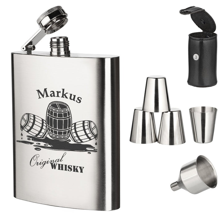polar-effekt 7-TLG. Edelstahl Flachmann Geschenk-Set mit Personalisierte Gravur - Schnapsflasche 195