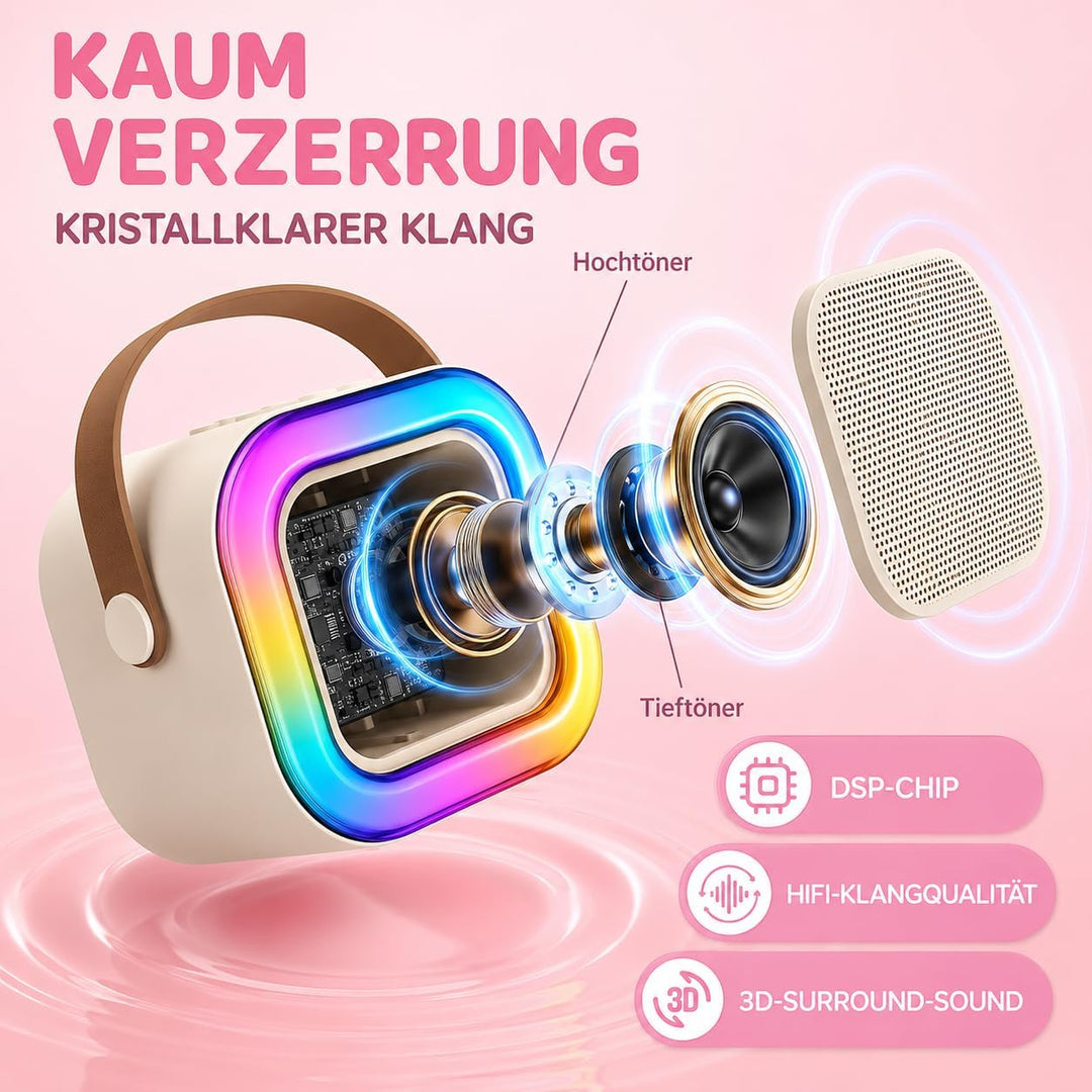 Bluetooth Karaoke Maschine mit 2 Mikrofonen & Lichtshow - 8W Tragbarer Lautsprecher, 5 Stimmeneffekt