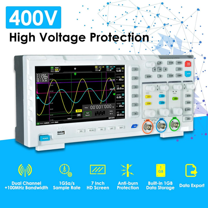 1014D Digitales Oszilloskop 2 Kanäle, 7" Oscilloscope 100Mhz Bandbreite mit DDS Signalgenerator, 1GS