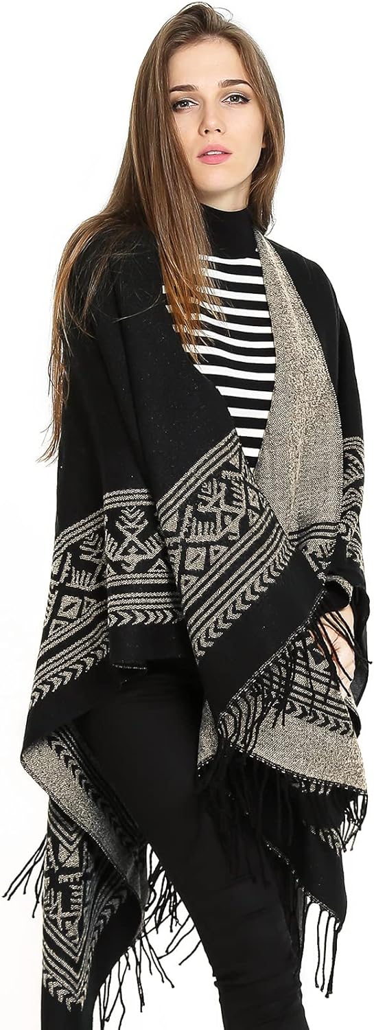 Superora Damen Poncho Cape Umhängetuch Stola Strick-Pullover Karierte Deckenschal Sweatshirt Schal m