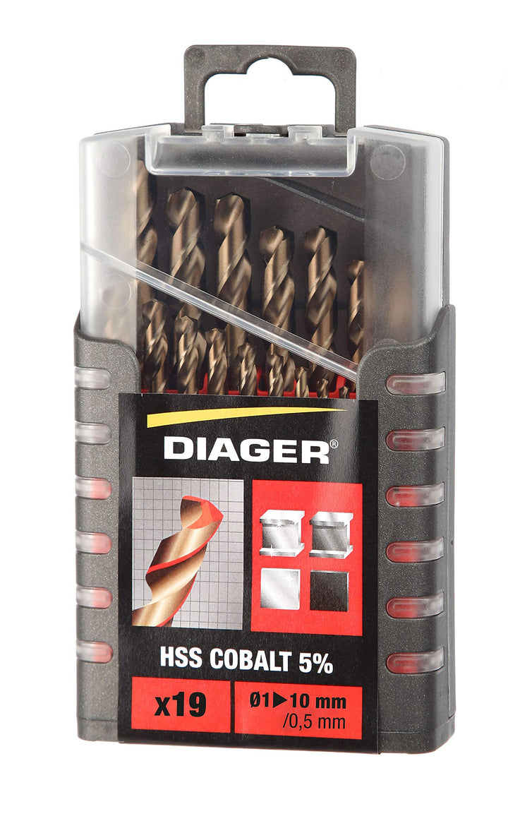 Diager HSS-Bohrer, 5% Cobalt – Set mit 19 Bohrern – erhöhte Festigkeit und Lebensdauer – Durchmesser