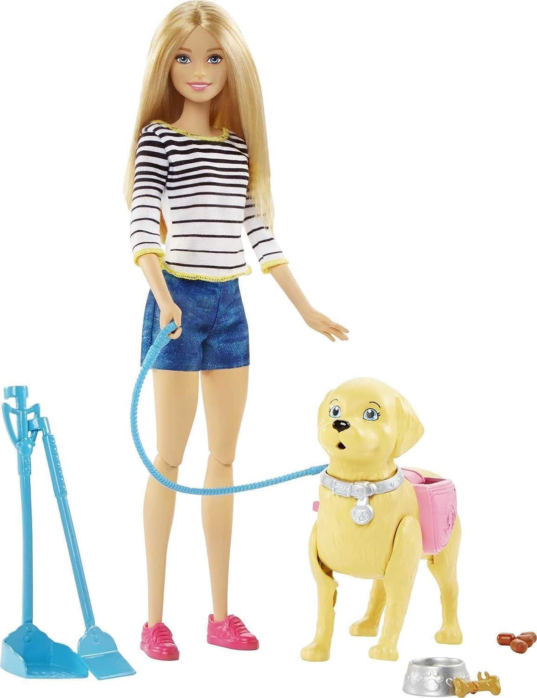 Barbie Walk and Potty Pup, Puppe mit blonden Haaren und laufendem Hund, Kotschaufel, Accessoires, in