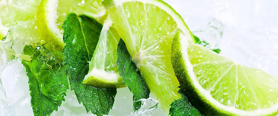 Glasbild Panorama | Wandbild aus Echtglas | Limetten und Minze im Eis | 100x40 cm | inkl. Aufhängung