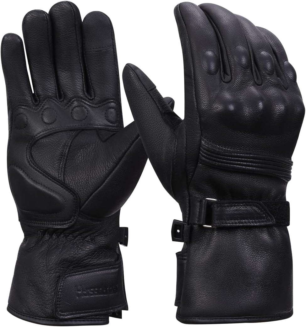 Harssidanzar Herren Winter Motorradhandschuhe,echtes Leder Vollfinger Touchscreen Thermisch gefütter