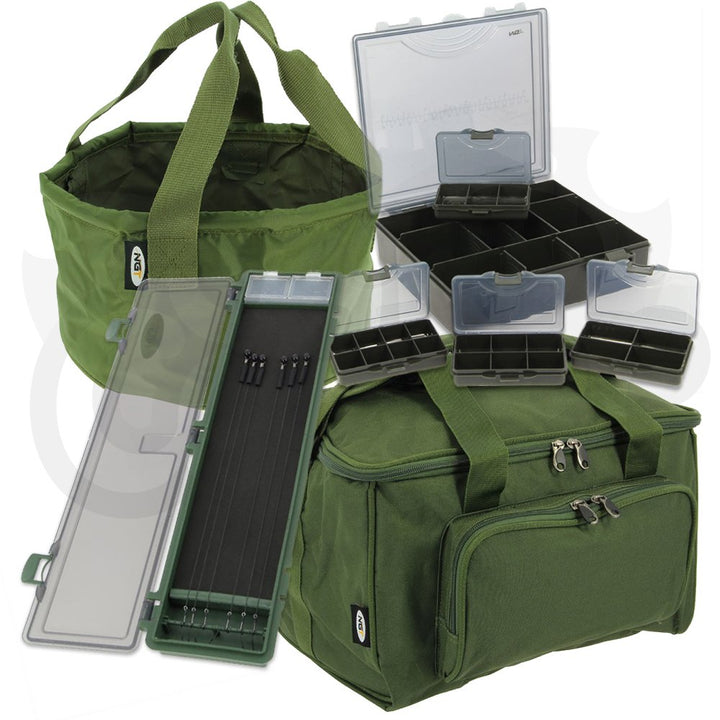 NGT Karpfen-Angelset, 4+1-Angelkasten-Set, Tragetasche Quickfish, Stiff-Rig-Kasten, Fischbehälter