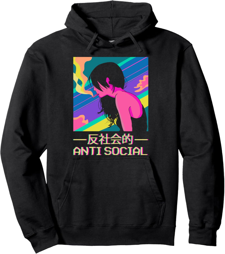 Anti-Social Smoking Anime Girl Japanese Vaporwave Aesthetic Pullover Hoodie