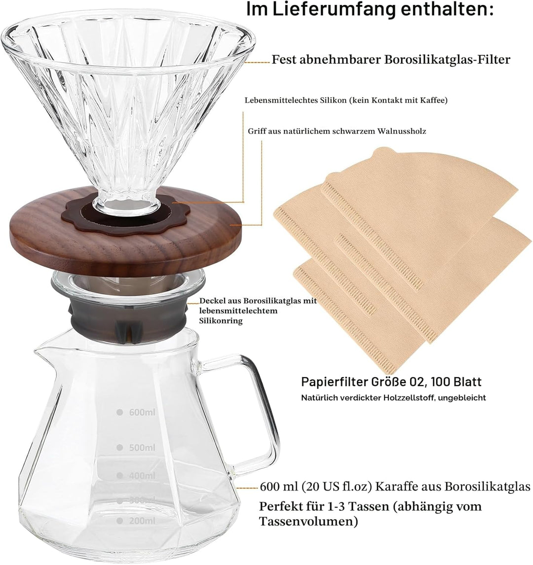 Pour Over Kaffeebereiter, 600 ml Borosilikatglas-Karaffe mit 100 Stück Papierfilter Grösse 02, Walnu