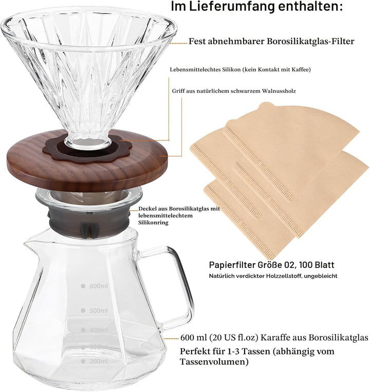 Pour Over Kaffeebereiter, 600 ml Borosilikatglas-Karaffe mit 100 Stück Papierfilter Grösse 02, Walnu