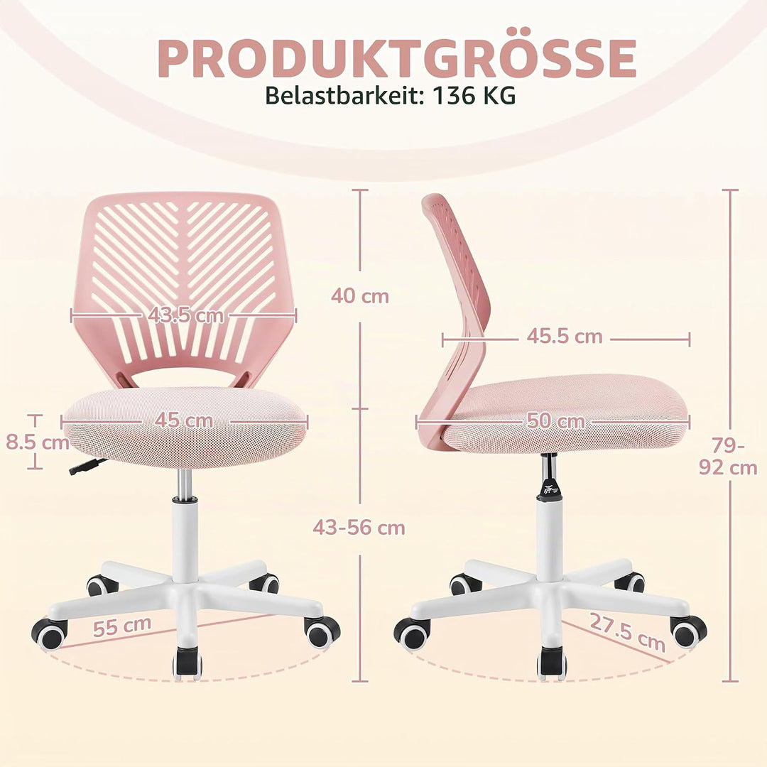 Yaheetech Bürostuhl ohne Armlehnen ergonomisch Schreibtischstuhl Hellrosa | Drehstuhl mit Rücklehne